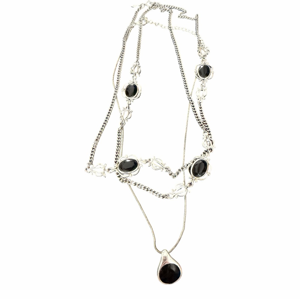 Vintage Black Stone Silver Tone Necklace Set Station Necklace + Pendant 259 - Picture 6 of 7